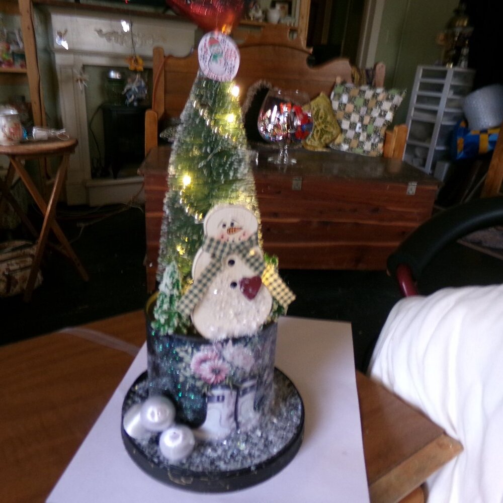 hand done bottle brush tree snowman decoration.